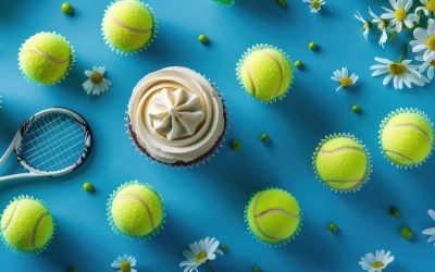 des-balles-de-tennis-et-une-raquette-sur-surface-bleue-avec-des-fleurs-decoratives-et-une-enveloppe-de-cupcake